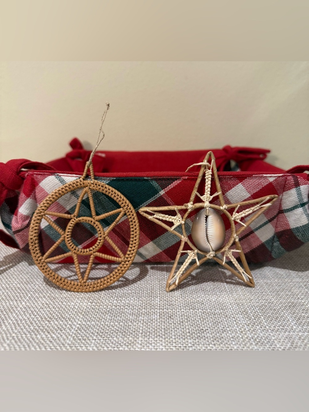 Boho Rattan Christmas Ornaments Set of 2 Woven Wicker Cowrie Shell Star Sun